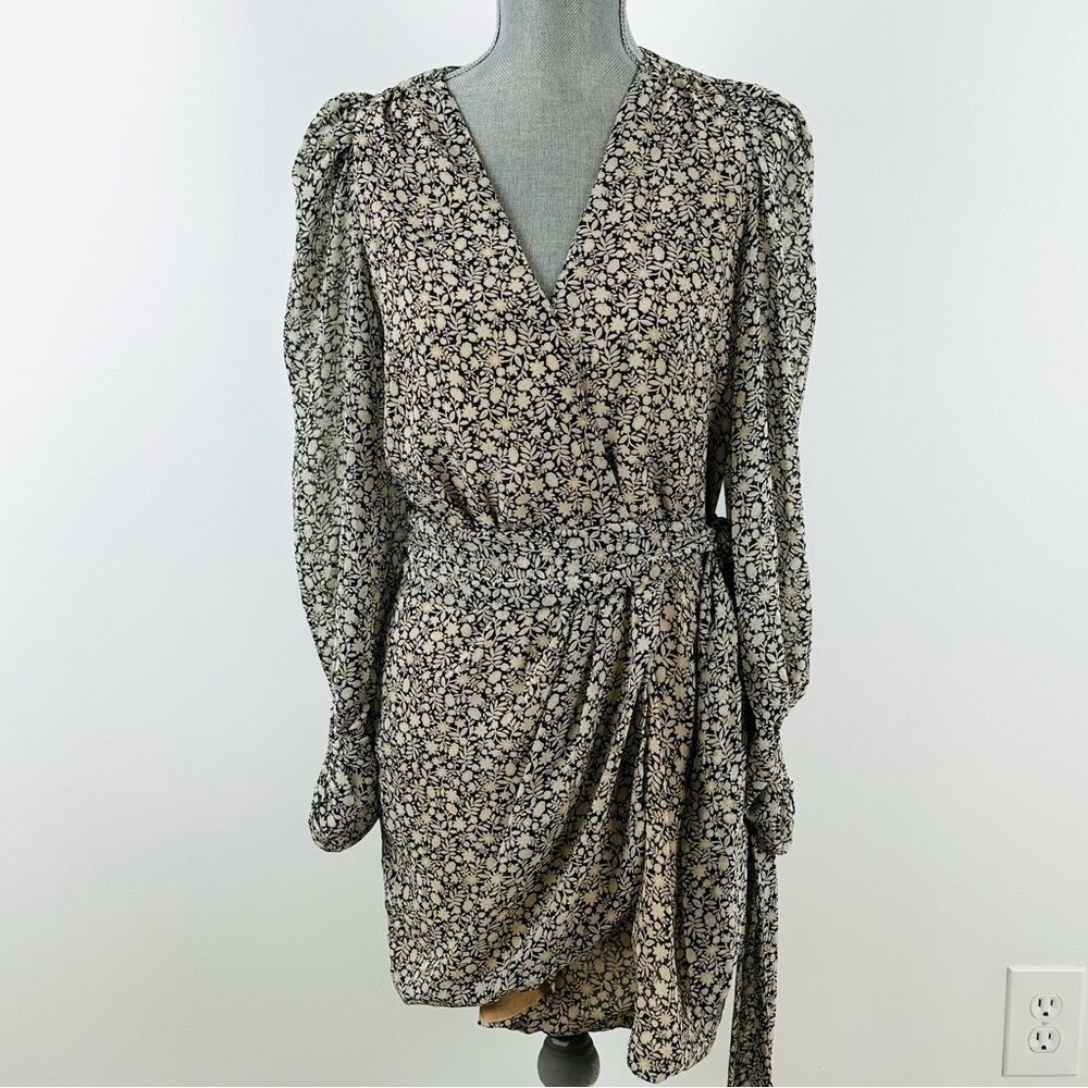 Vernacular Floral Wrap Dress M Long Sleeve Lined V-Neck Midi Style Black Cream